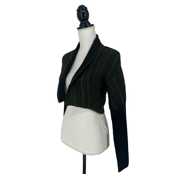 Sarah Pacini Alpaca Blend Green and Black Striped Cropped Cardigan Sweater - Picture 6 of 11